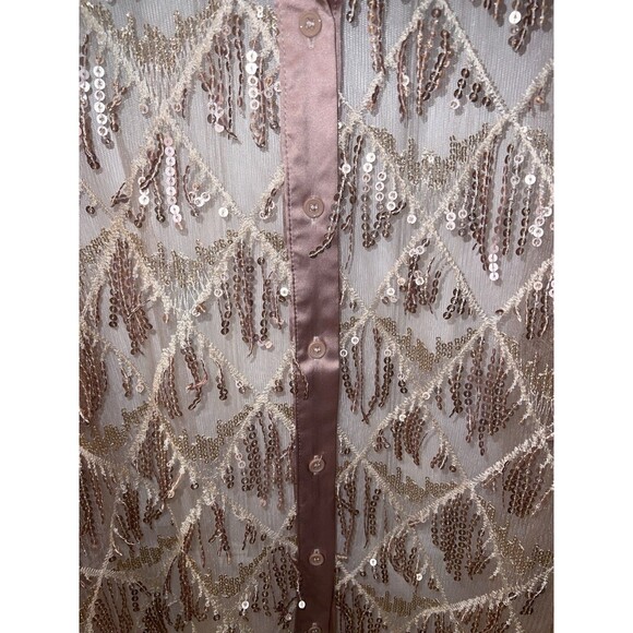 Ashley Stewart Sequin Fringe Blouse Womens Plus 18/20 Button Front Sheer Tan New - Picture 3 of 8